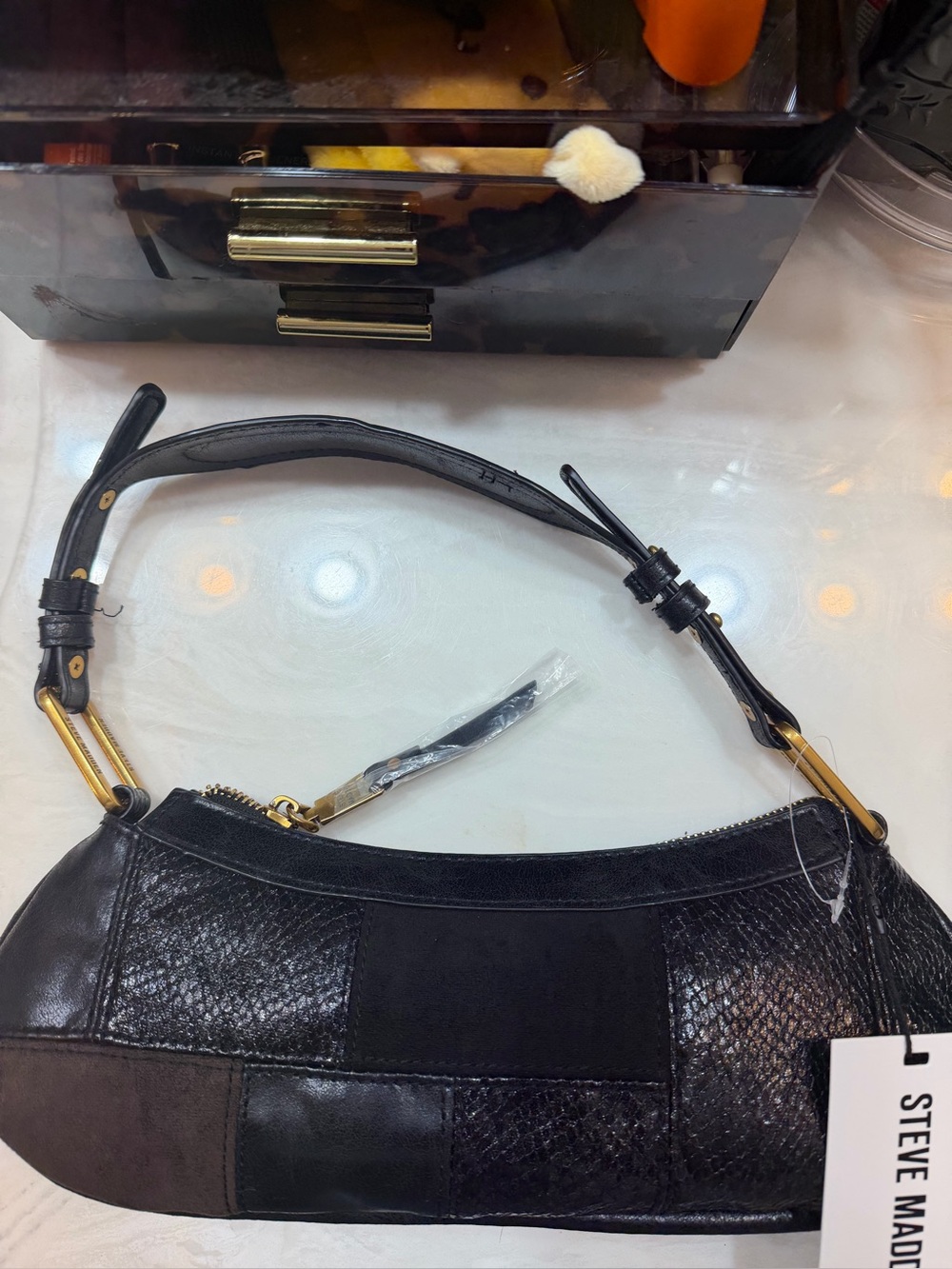 Steve Madden Black Patchwork Shoulder Bag with Gold Hardware